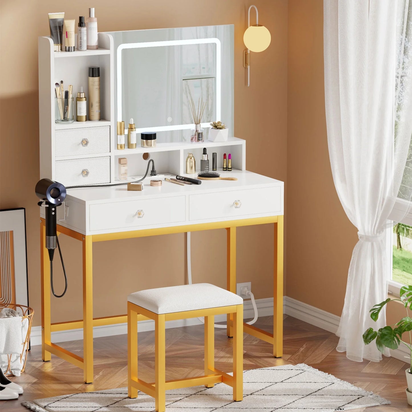 Tydimor Lighted Makeup Vanity Set, Women Dressing Table with Outlets, Vanity Desk with Drawers & Stool