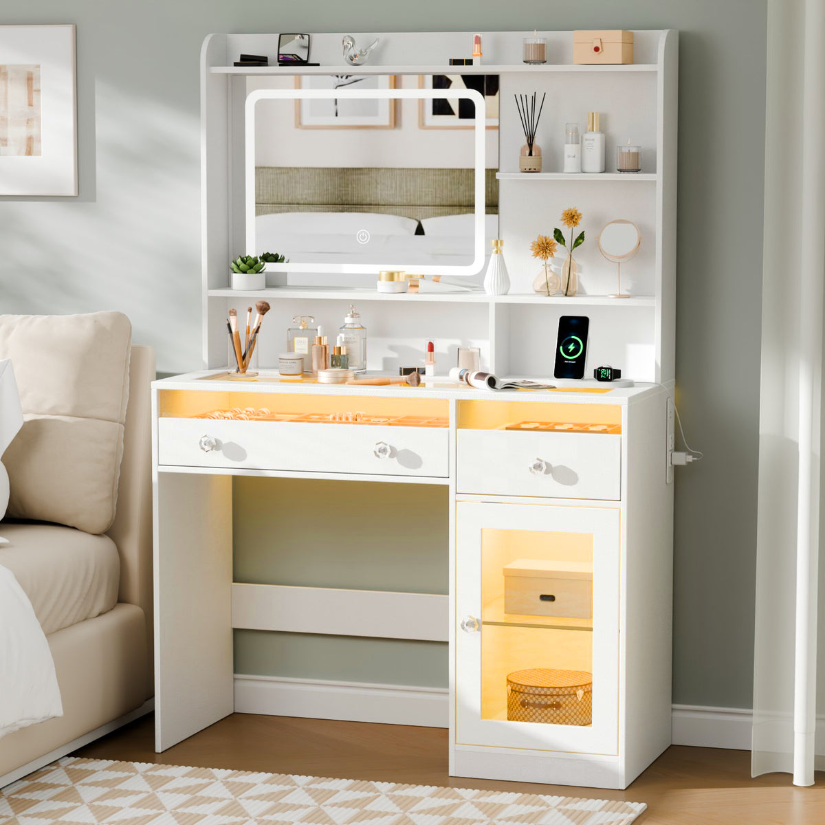 Satifur Modern LED Vanity Desk with Charging Station & Storage, White Makeup Table for Bedroom