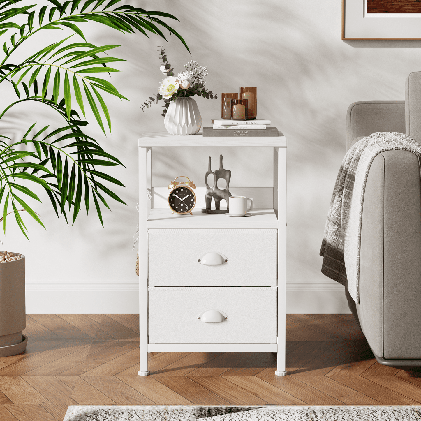 Satifur Nightstand with Drawers & Shelf,Set of 2 Bedside End Table for Bedroom,White