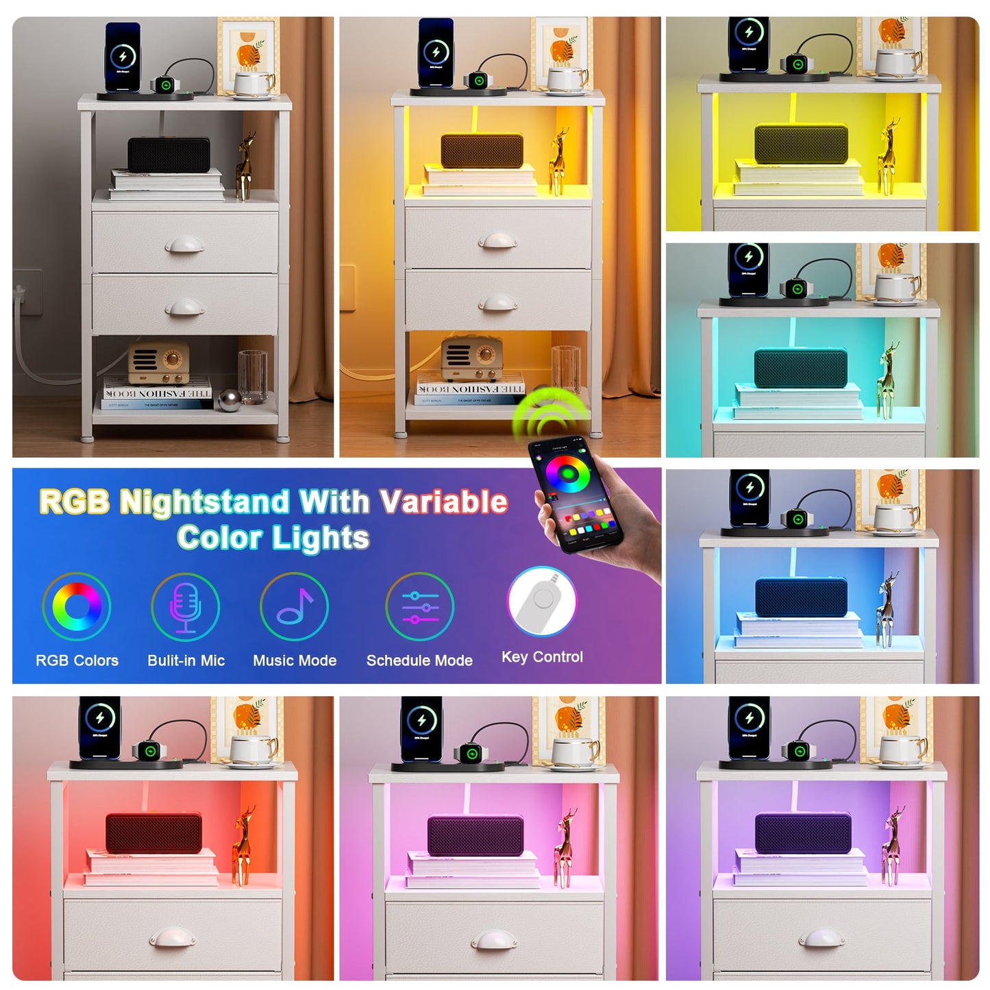 Satifur Side Table with Light, Charging Station, White Nighstand for Bedroom, Living Room