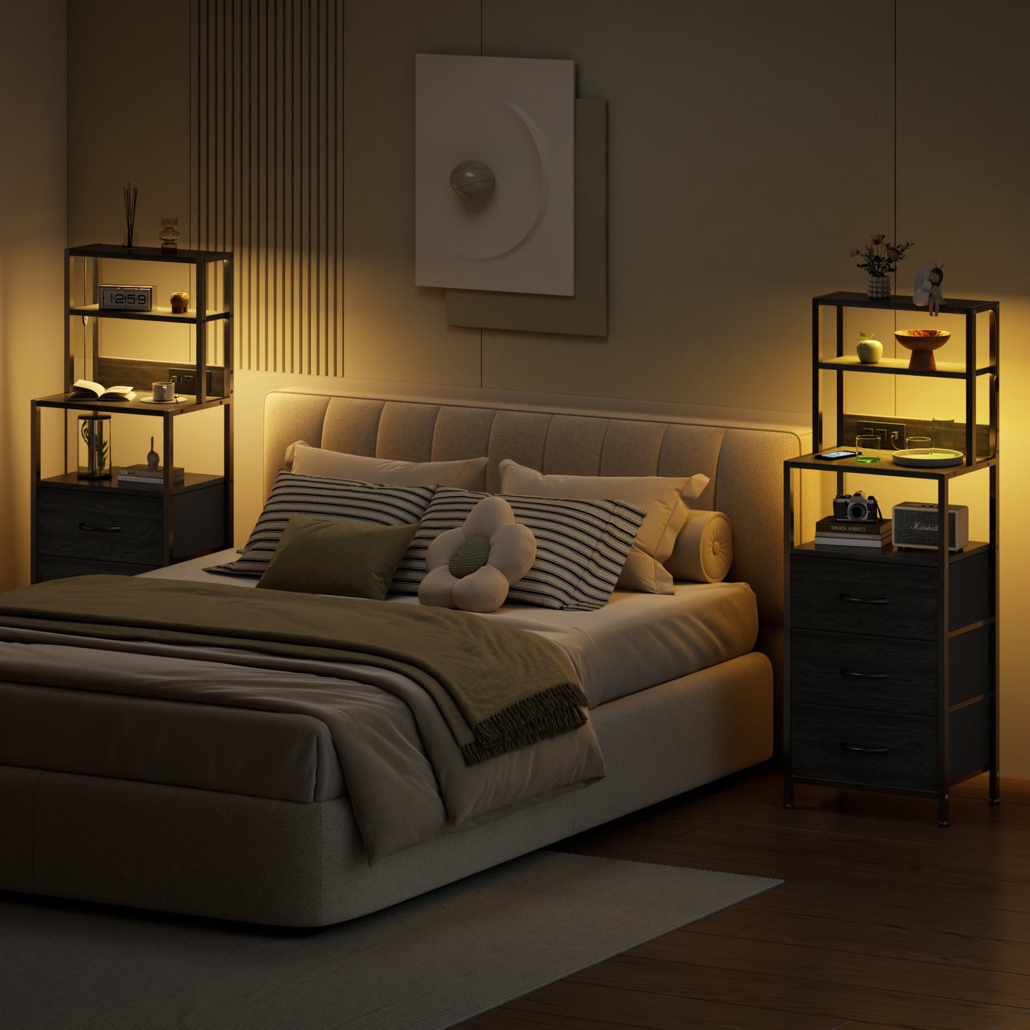 Satifur Tall Nightstand with Charging Station and LED Lights, Bedside Table with Bookshelf,3 Fabric Drawers, Black Oak