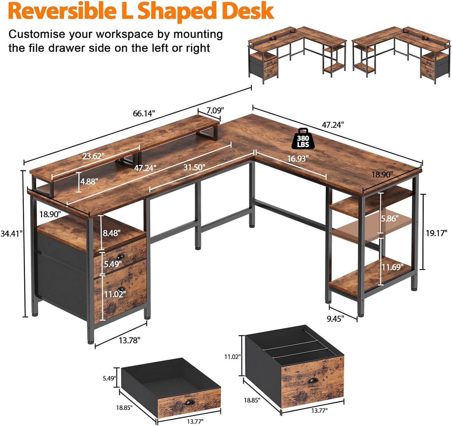 Furologee Computer Desk, Adult Collection L-Shaped MultiFuntional Rustic Desk, Rustic Brown