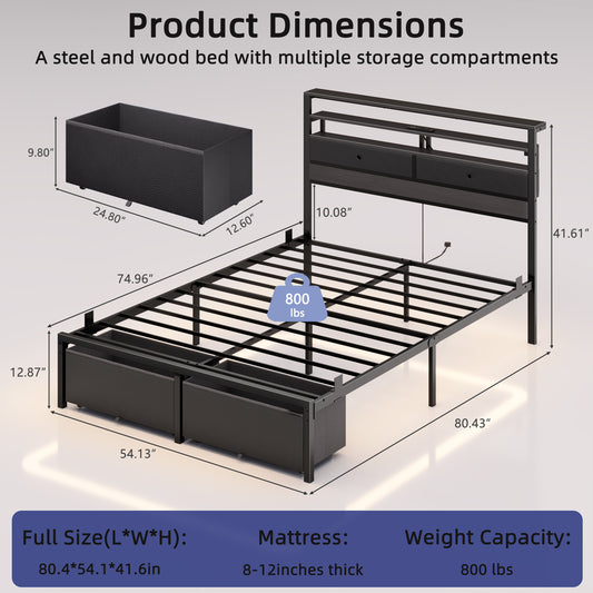 Satifur LED Full Bed Frame with Storage Headboard and Drawers,Heavy Duty Platform Bed with Charging Station, No Box Spring Needed