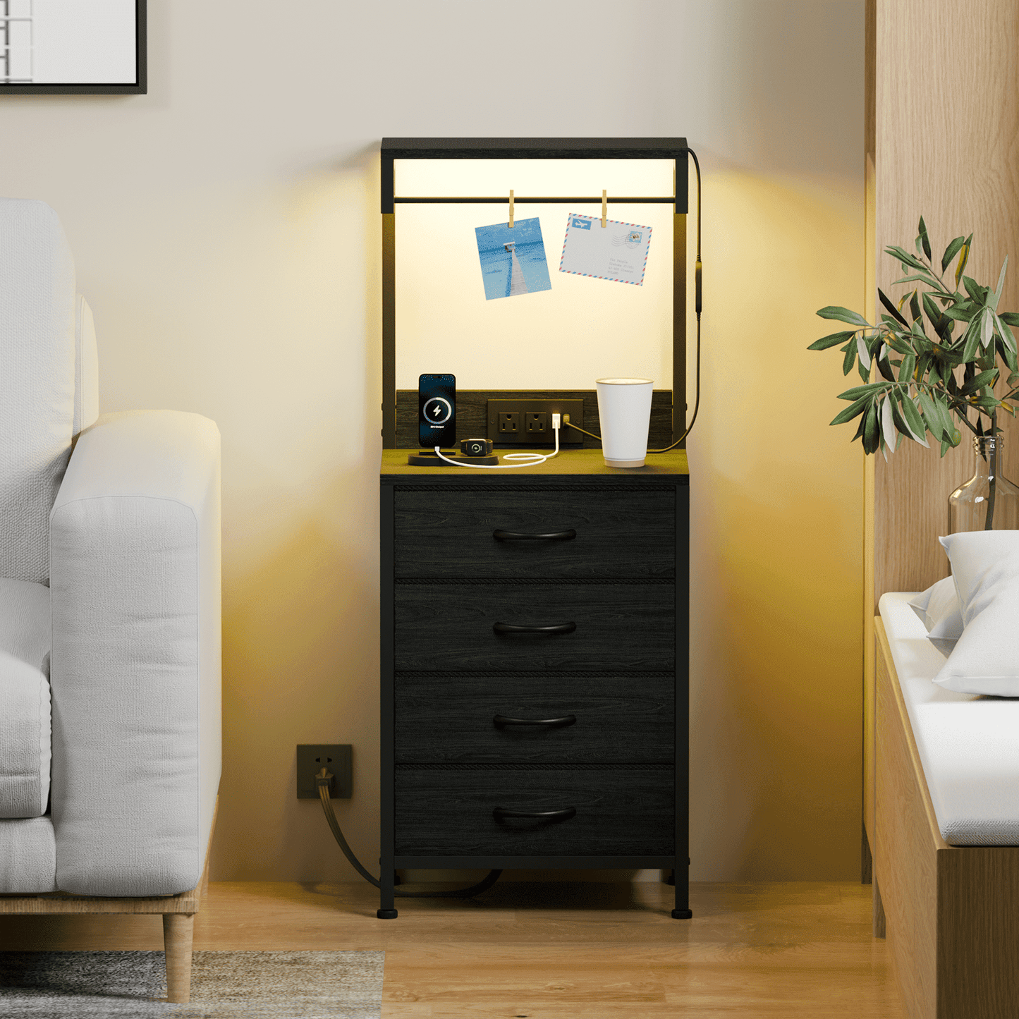 Satifur Tall Nightstand with Charging Station and Drawers, Bedside Table with 4 Fabric Drawers, LED Lights, and 2 Storage Shelves, Black Oak