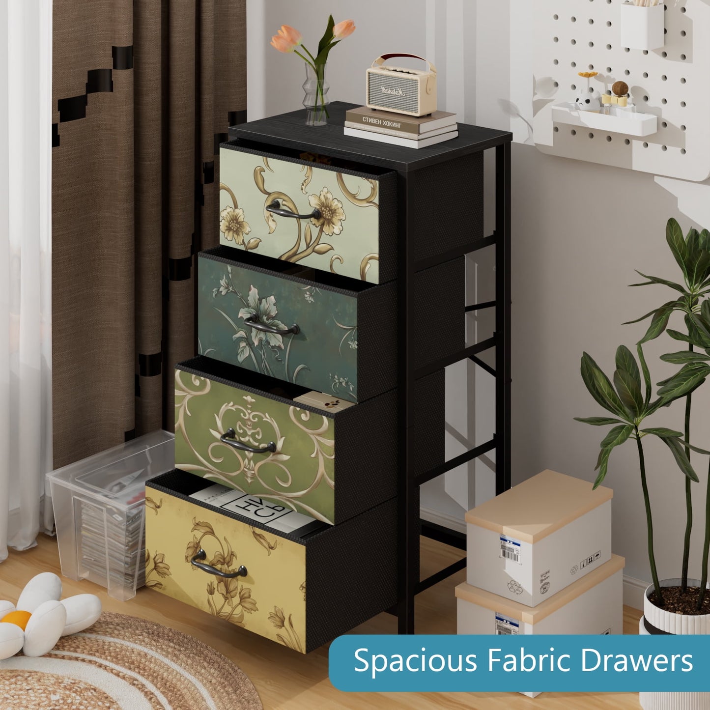 TYDIMOR Fabric Dresser for Bedroom, 4 Drawer Chest of Drawers, Retro Flower, Ideal for Adults