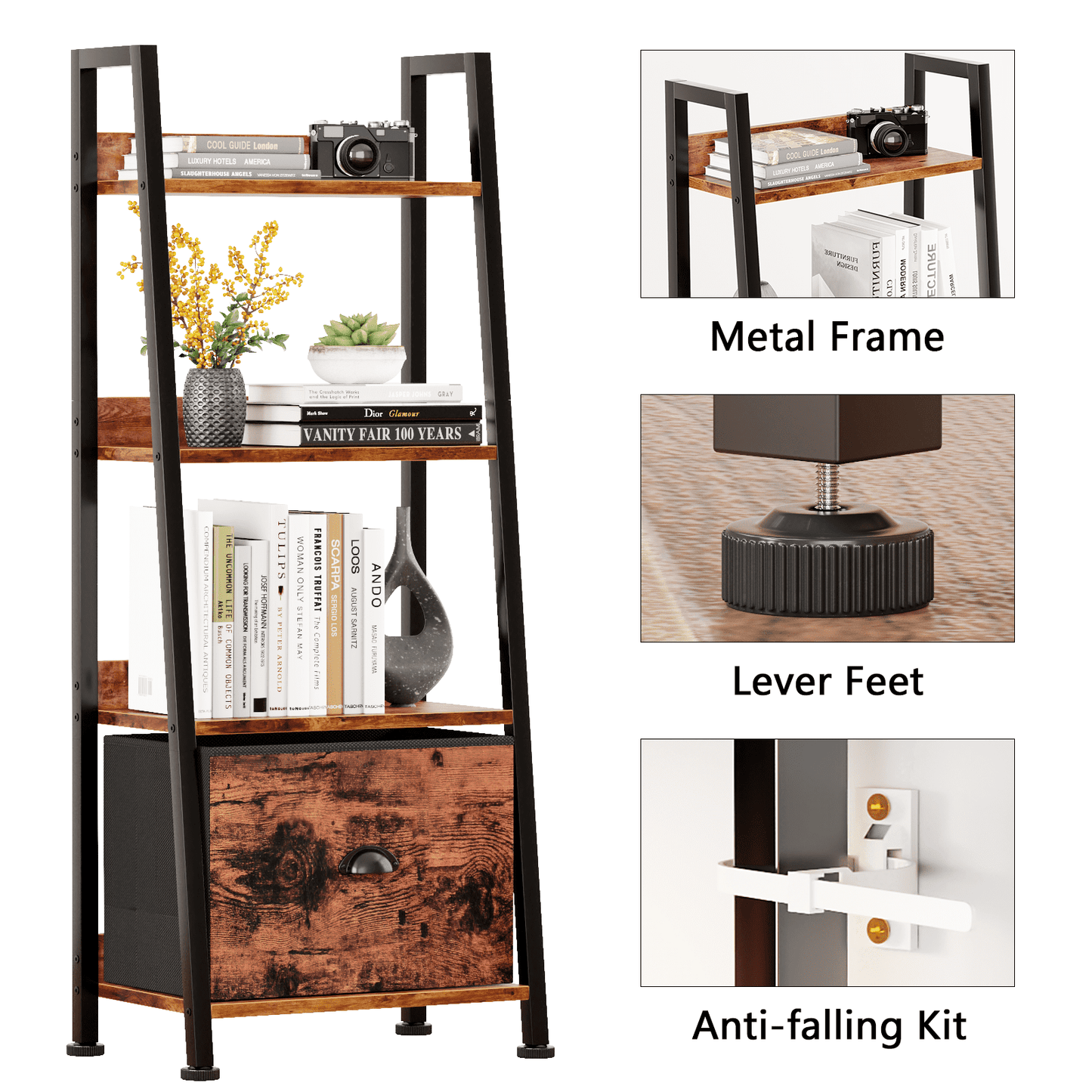 Tydimor 4-Tier Ladder Bookshelf With Drawer, Leaning Bookcase Storage Display Shelf,Rustic Brown