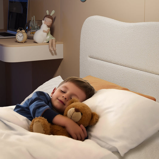 Satifur Queen Bed Frame with Teddy Velvet Soft Curved Headboard, Platform Bed with Wooden Slats Support, Easy Assembly, Noise-Free, White