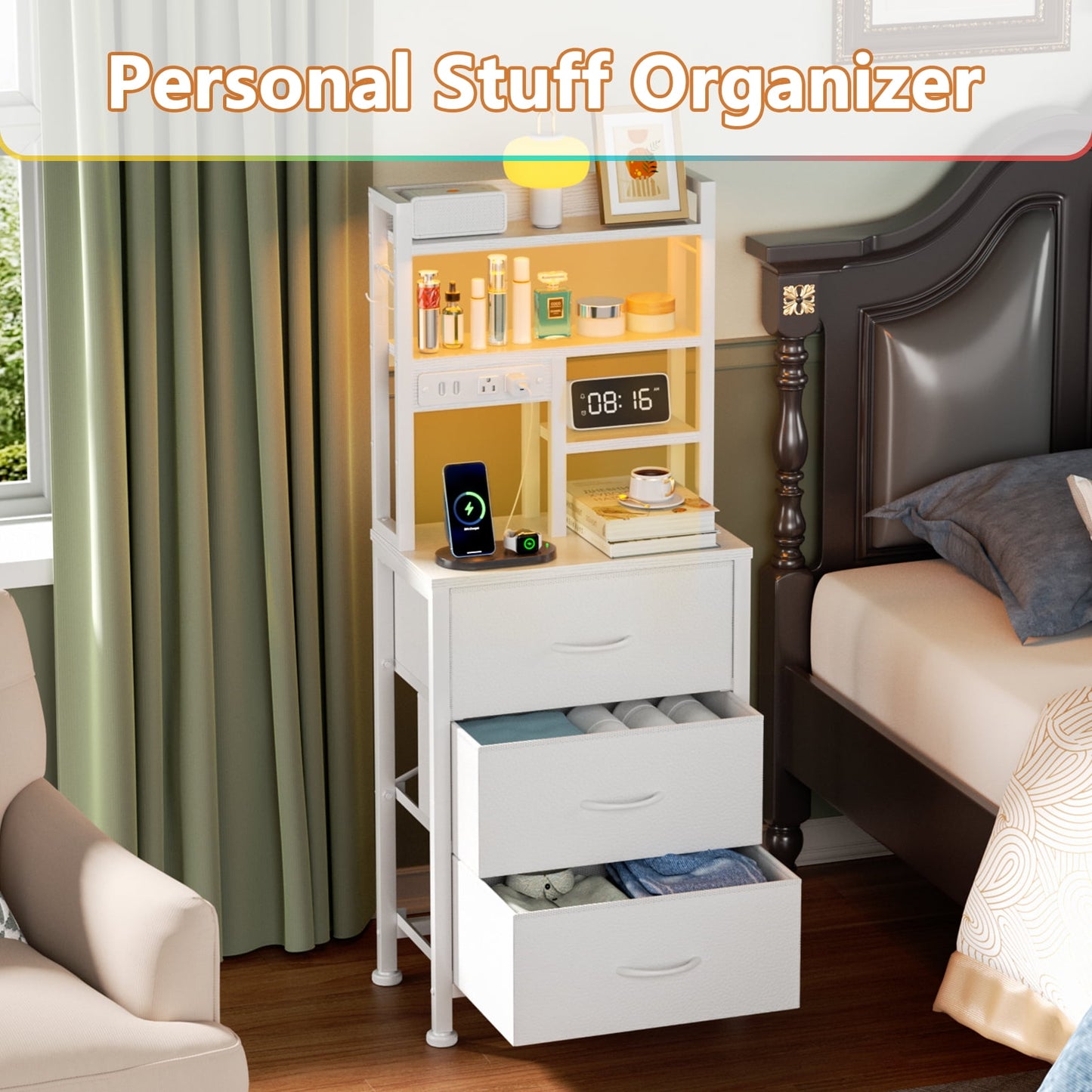 Satifur Tall Nightstand with Charging Station and LED Lights, Bedside Table with Drawers and Bookshelf, Whit