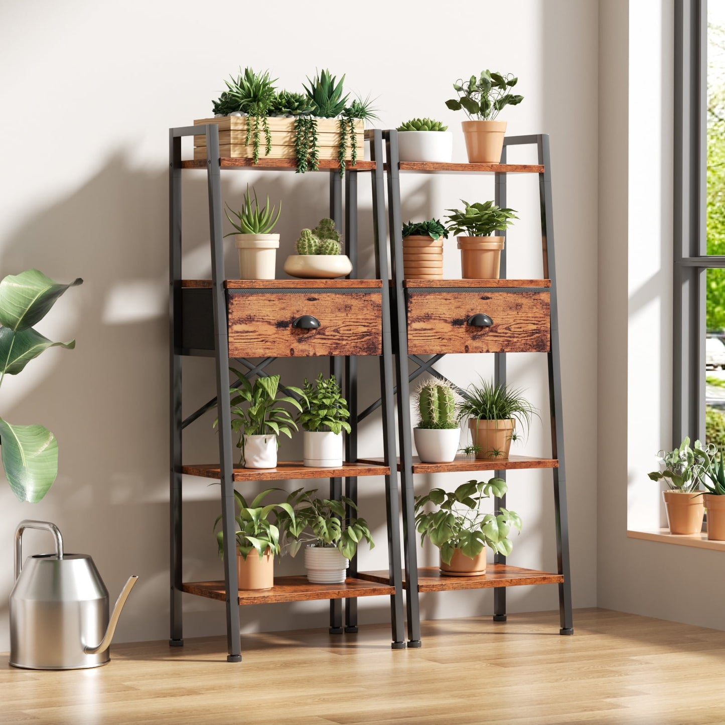 Tydimor 4-Tier 47.6"H Ladder Bookshelf with Removable Drawers Narrow Bookcase for Living Room,Rustic Brown