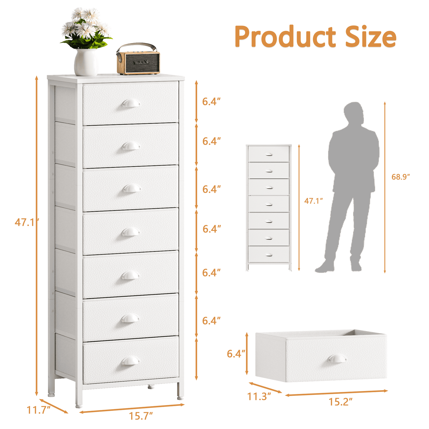 Tydimor 7-Drawer Tall Dresser Bedside Fabric Nightstand with Storage,White