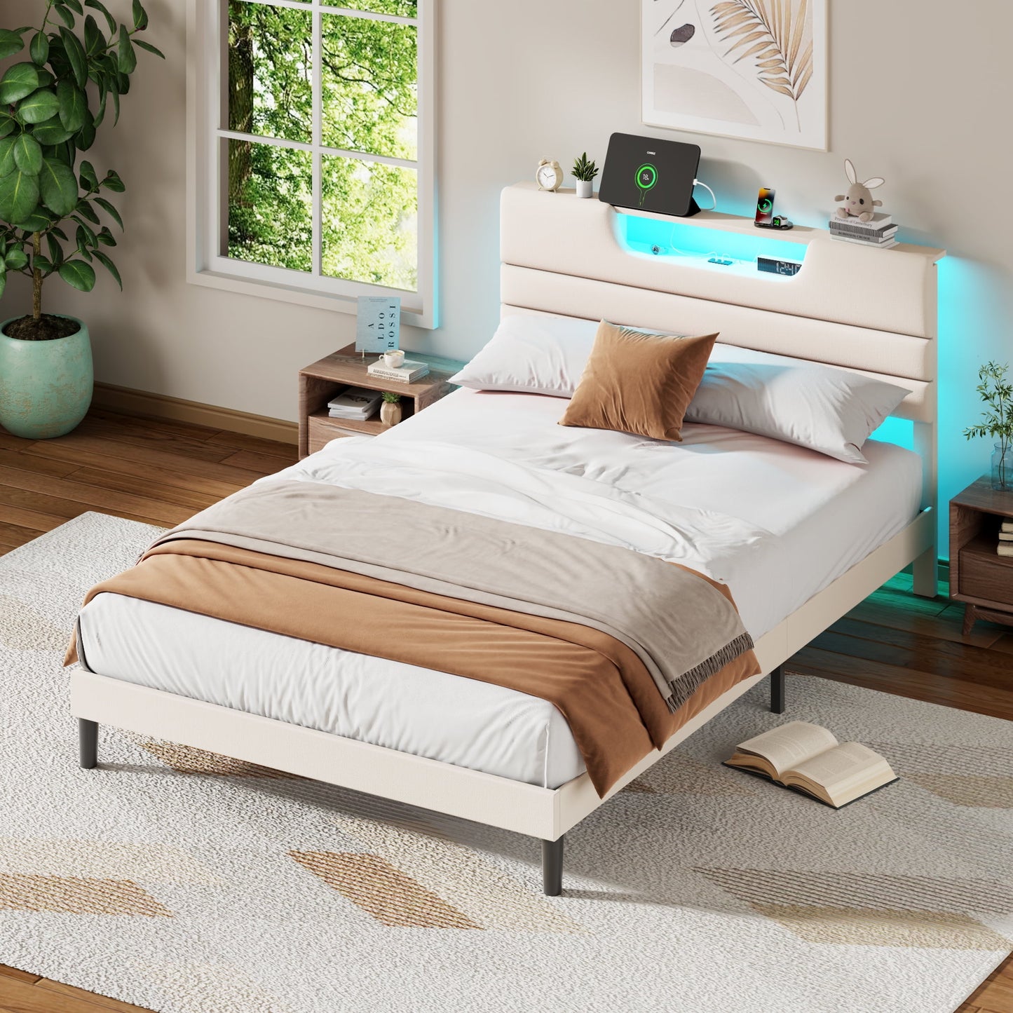Satifur Beige Fine Linen Fabric Bed Frame with Upholstered Headboard & Charge Station, Queen Size Bed Frame with LED Lights, No Box Spring Needed