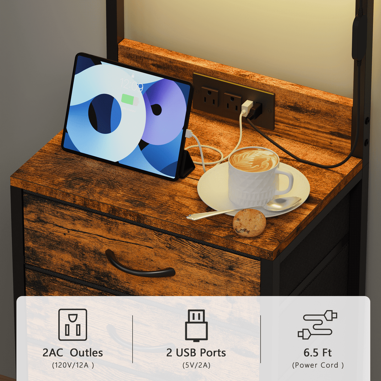 Satifur Tall Nightstand with Charging Station and Drawers, Bedside Table with 4 Fabric Drawers, LED Lights, and 2 Storage Shelves, Rustic Brown