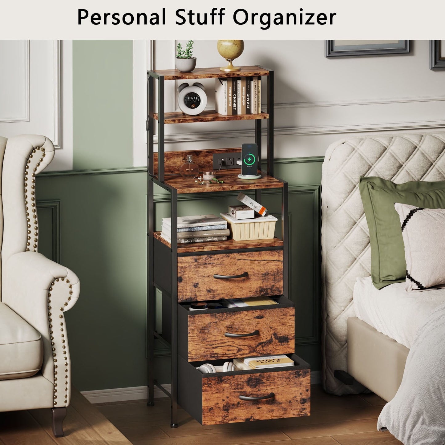 Satifur Tall Nightstand with Charging Station and LED Lights, Bedside Table with Bookshelf,3 Fabric Drawers, Rustic Brown