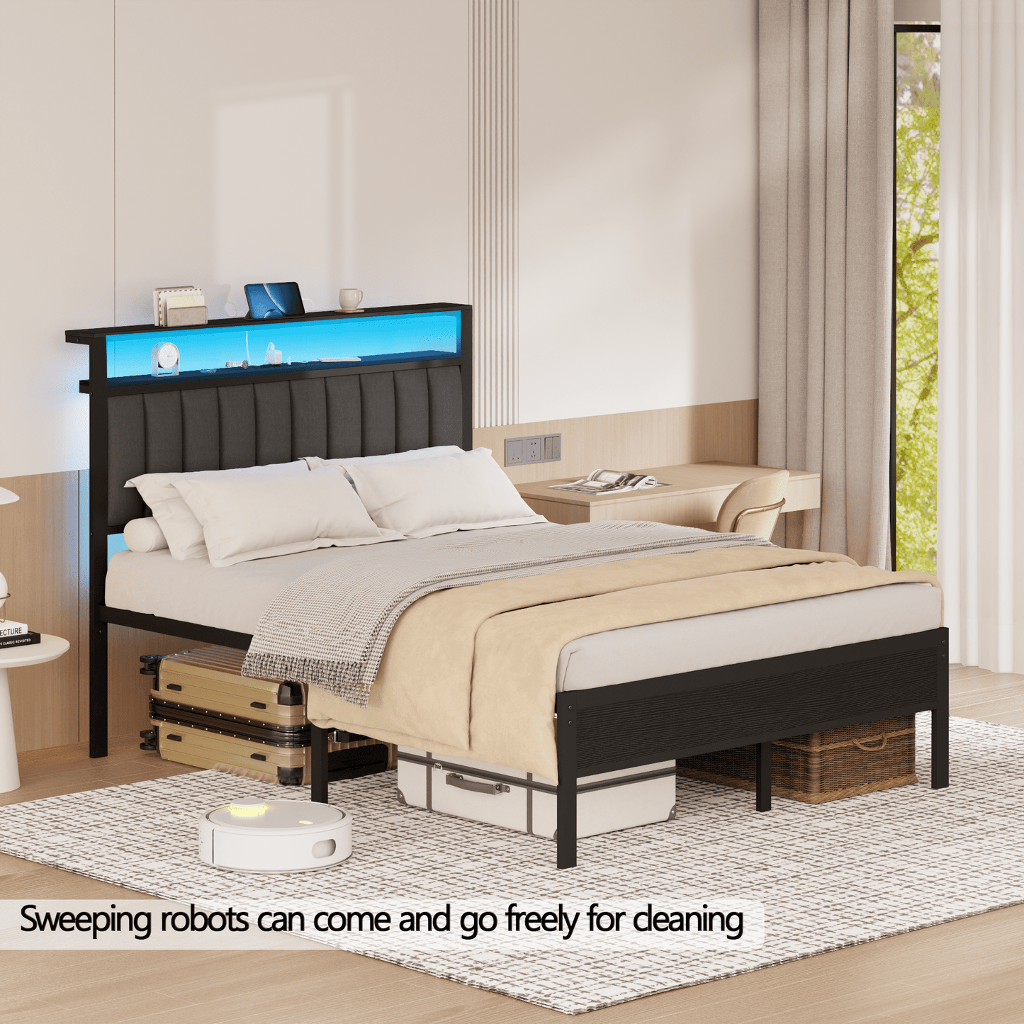 Tydimor King Size Metal Smart Bed Frames with Upholstered Headboard, LED Lights, USB Ports and Outlets, Storage Shelves & Underbed