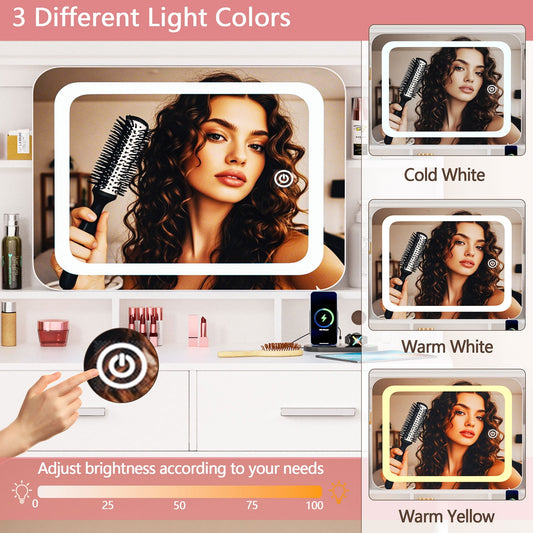 Satifur Vanity Set with Sliding Mirror & Lights, Women Dressing Table with Outlets, Makeup Vanity Desk with Drawers & Stool