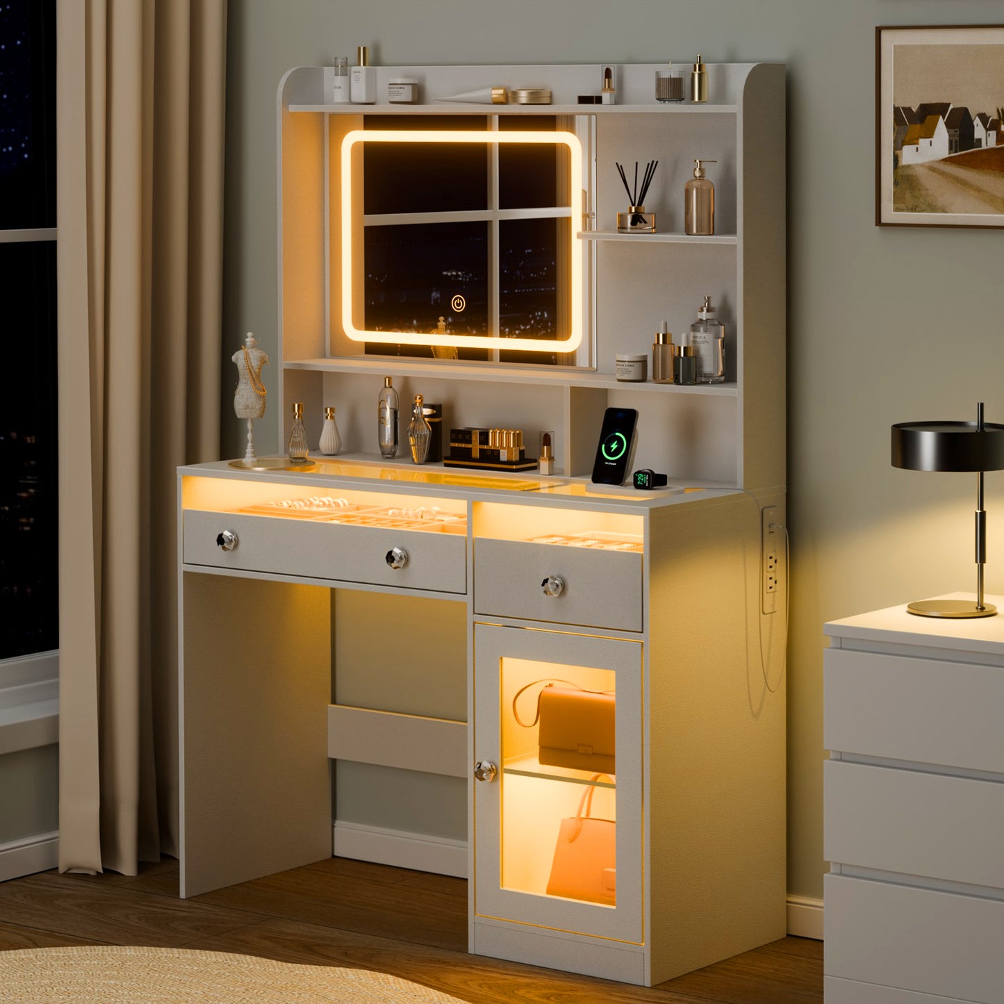 Satifur Modern LED Vanity Desk with Charging Station & Storage, White Makeup Table for Bedroom