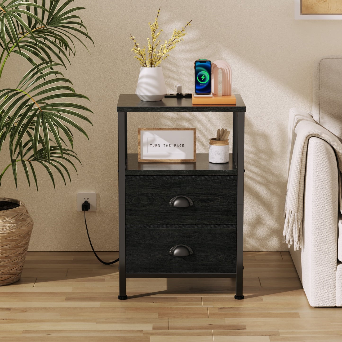 Satifur Bedside Table with Charging Station,Set of 2 LED Nightstand with 2 Fabric Drawers,Black Oak