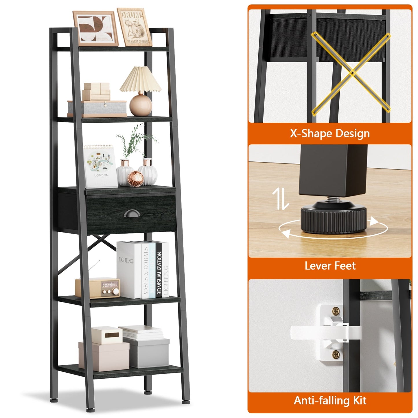 Tydimor 5-Tier 59.5" Ladder Bookshelf with Removable Drawers Narrow Bookcase for Living Room,Black Oak