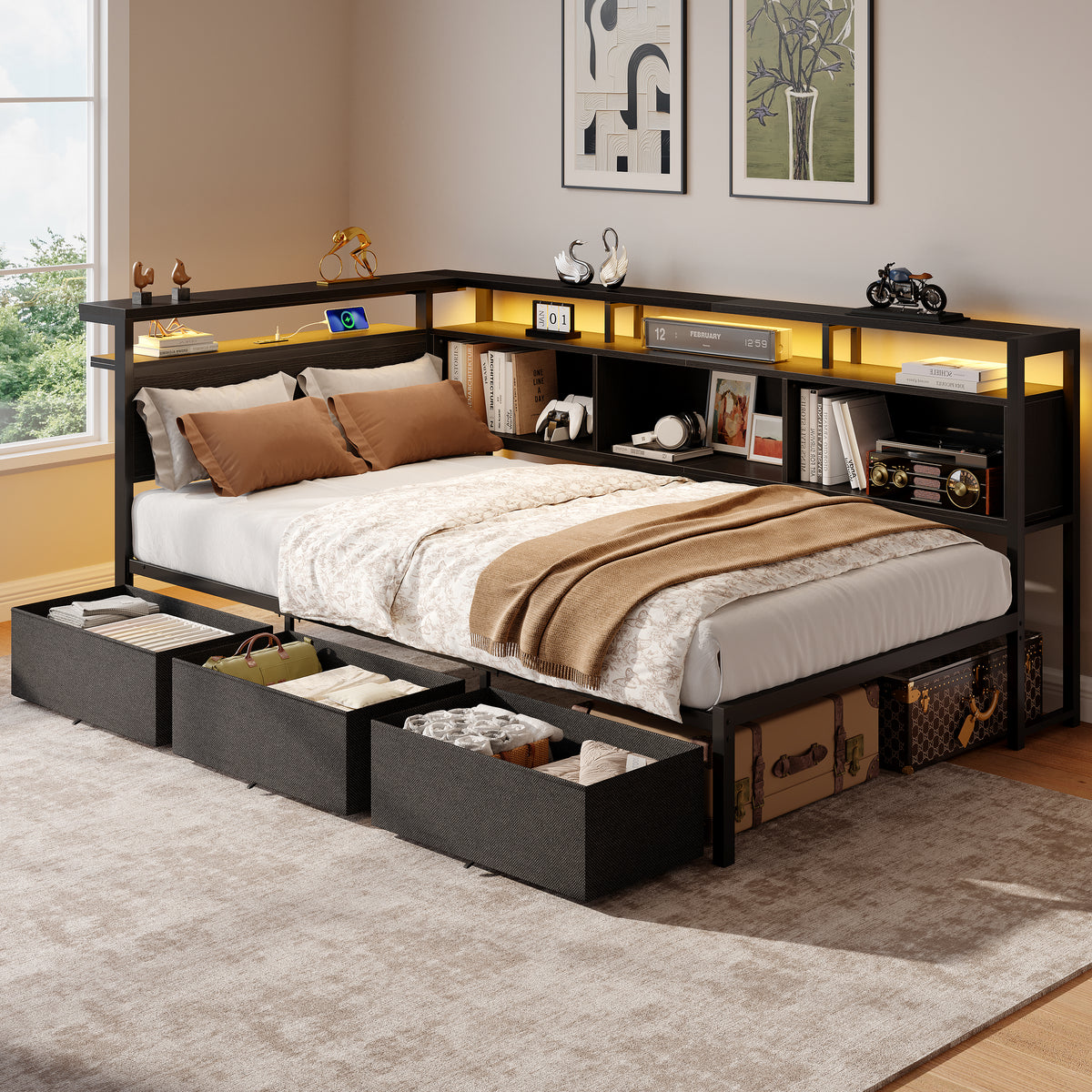 Satifur Twin Bed Frame with L-Shaped LED Headboard, Charging Station & 3 Storage Drawers, Metal Platform Bed with Storage Shelves & Wooden Slats, Black Wood Grain