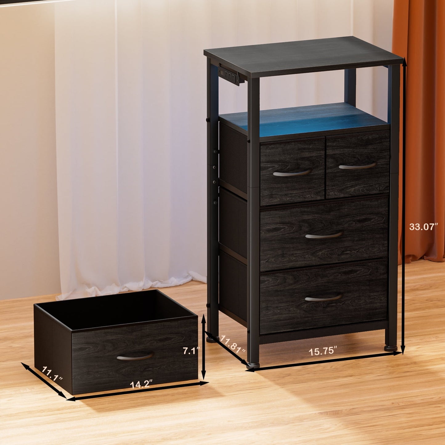 Satifur Chest of Drawers with Charging Station,LED Nightstand with 4 Fabric Storage Drawers, Black Oak