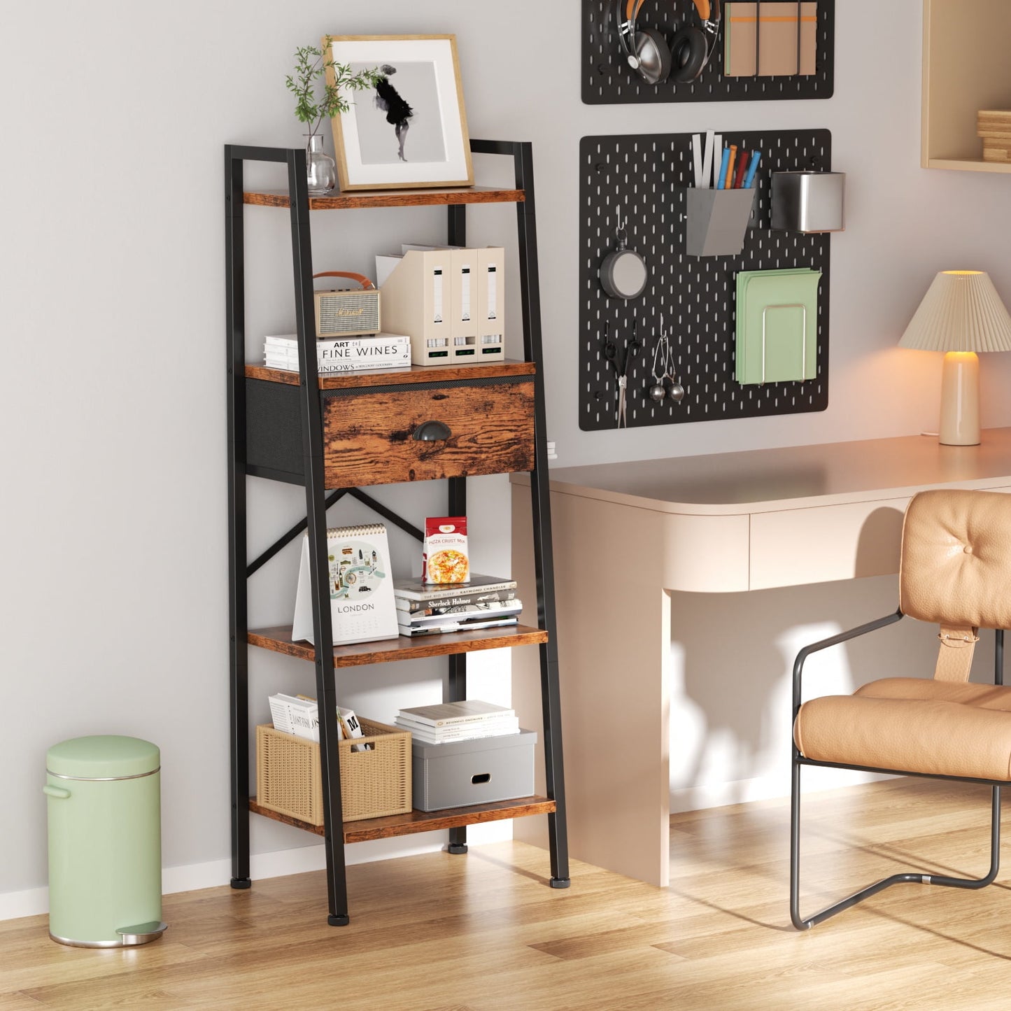 Tydimor 4-Tier 47.6"H Ladder Bookshelf with Removable Drawers Narrow Bookcase for Living Room,Rustic Brown