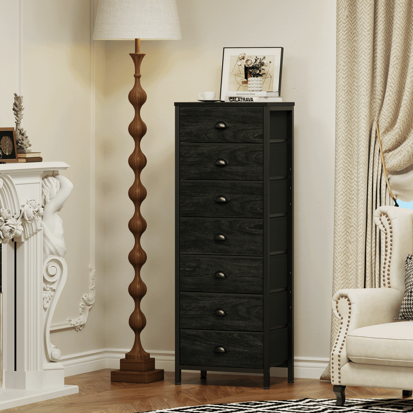 Tydimor 7-Drawer Tall Dresser Bedside Fabric Nightstand with Storage,Black Oak