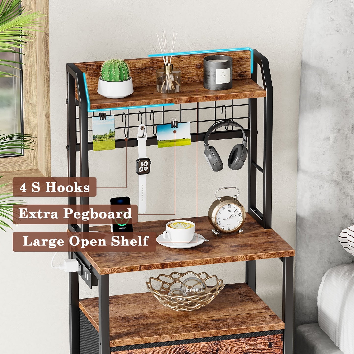 Satifur Tall Nightstand with Hutch, Charging Station, Pegboard & Drawers,Multifunctional Bedside Table with USB Ports, Rustic Brown