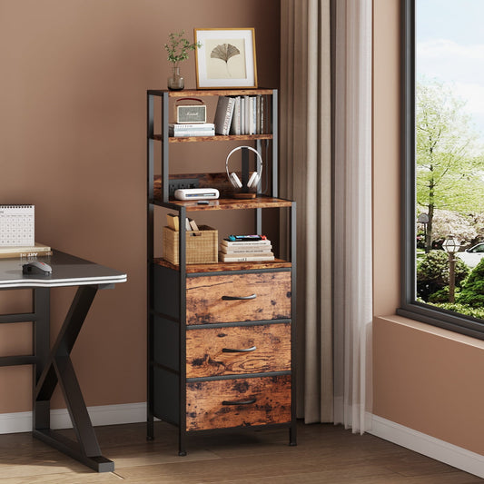 Satifur Tall Nightstand with Charging Station and LED Lights, Bedside Table with Bookshelf,3 Fabric Drawers, Rustic Brown