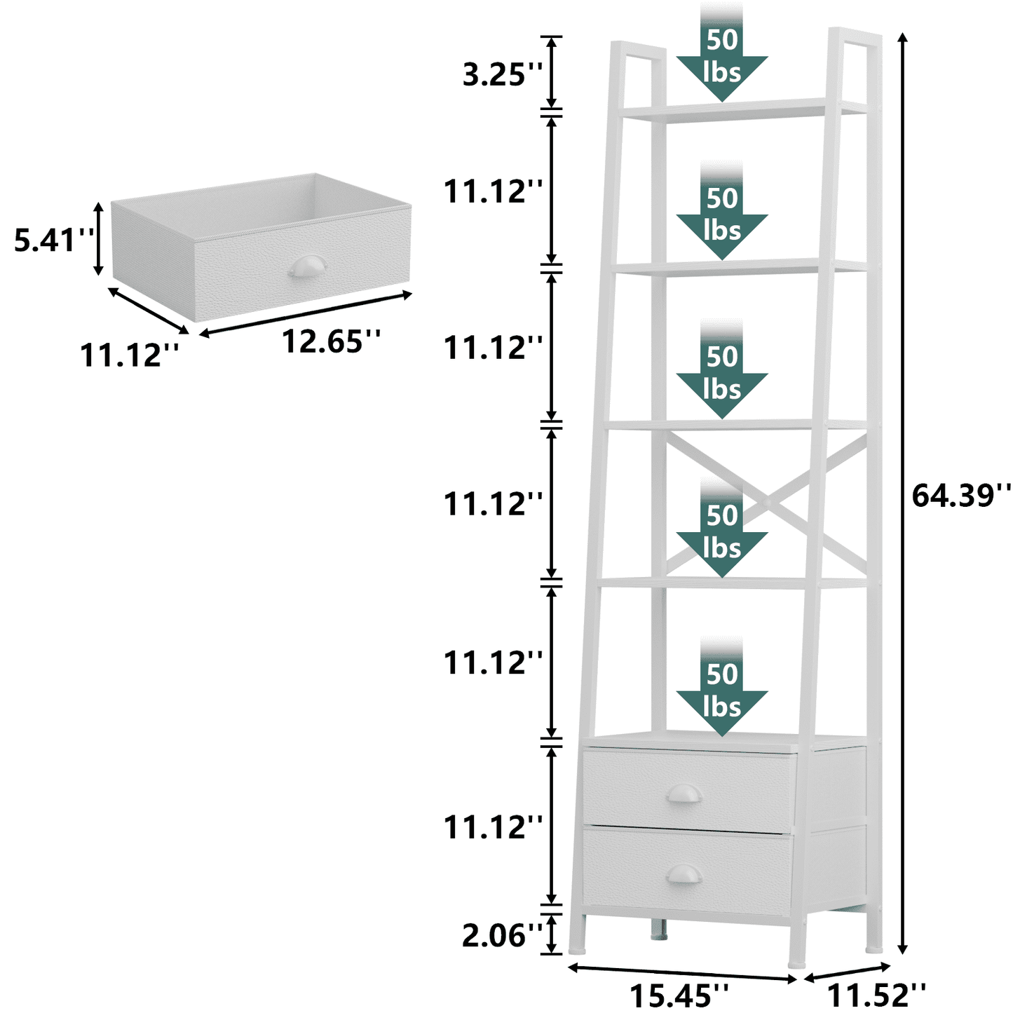 Tydimor 5-Tier 64"H Industrial Bookshelf with 2 Removable Drawers Narrow Bookcase for Living Room,White
