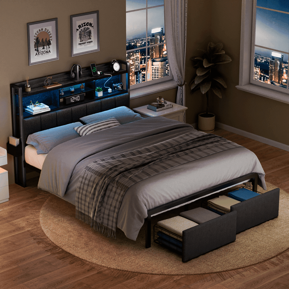 Hexmn Full Size Metal Bed Frame with Upholstered Headboard&Storage Drawers, Black Oak
