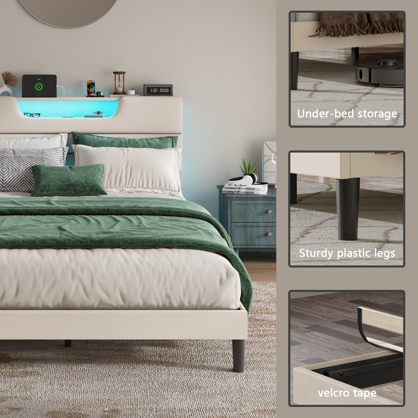 Tydimor Beige Fine Linen Fabric Bed Frame with Upholstered Headboard & Charge Station, Queen Size Bed Frame with LED Lights, No Box Spring Needed