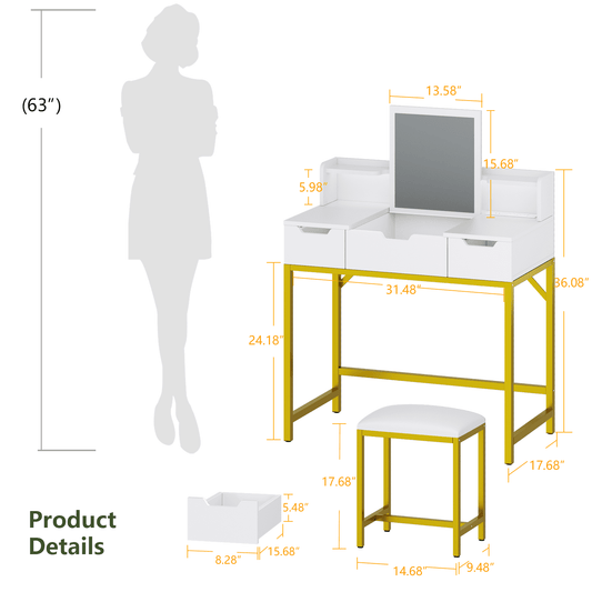 Tydimor Flip-top Vanity Set, Women Dressing Table with Outlets, Makeup Vanity Desk with Mirror, Drawers & Stool