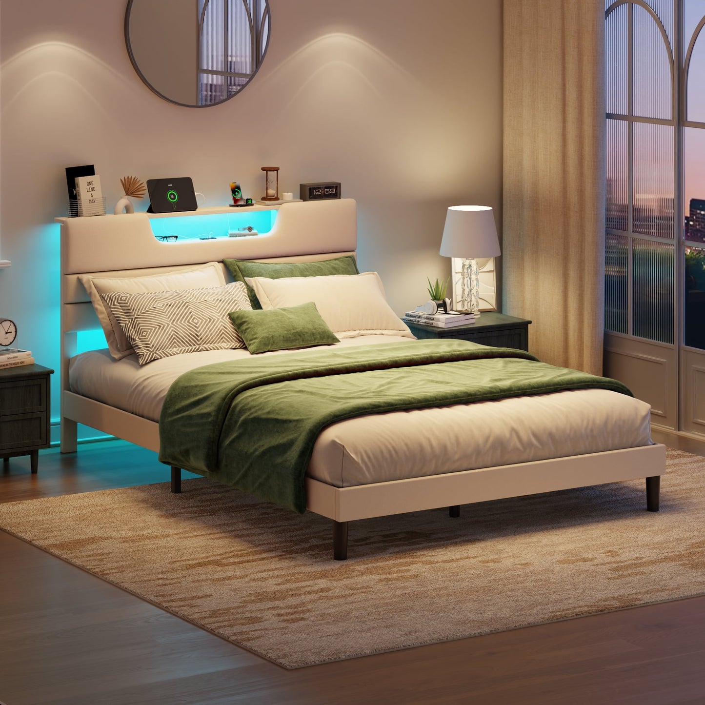Satifur Beige Fine Linen Fabric Bed Frame with Upholstered Headboard & Charge Station, Queen Size Bed Frame with LED Lights, No Box Spring Needed
