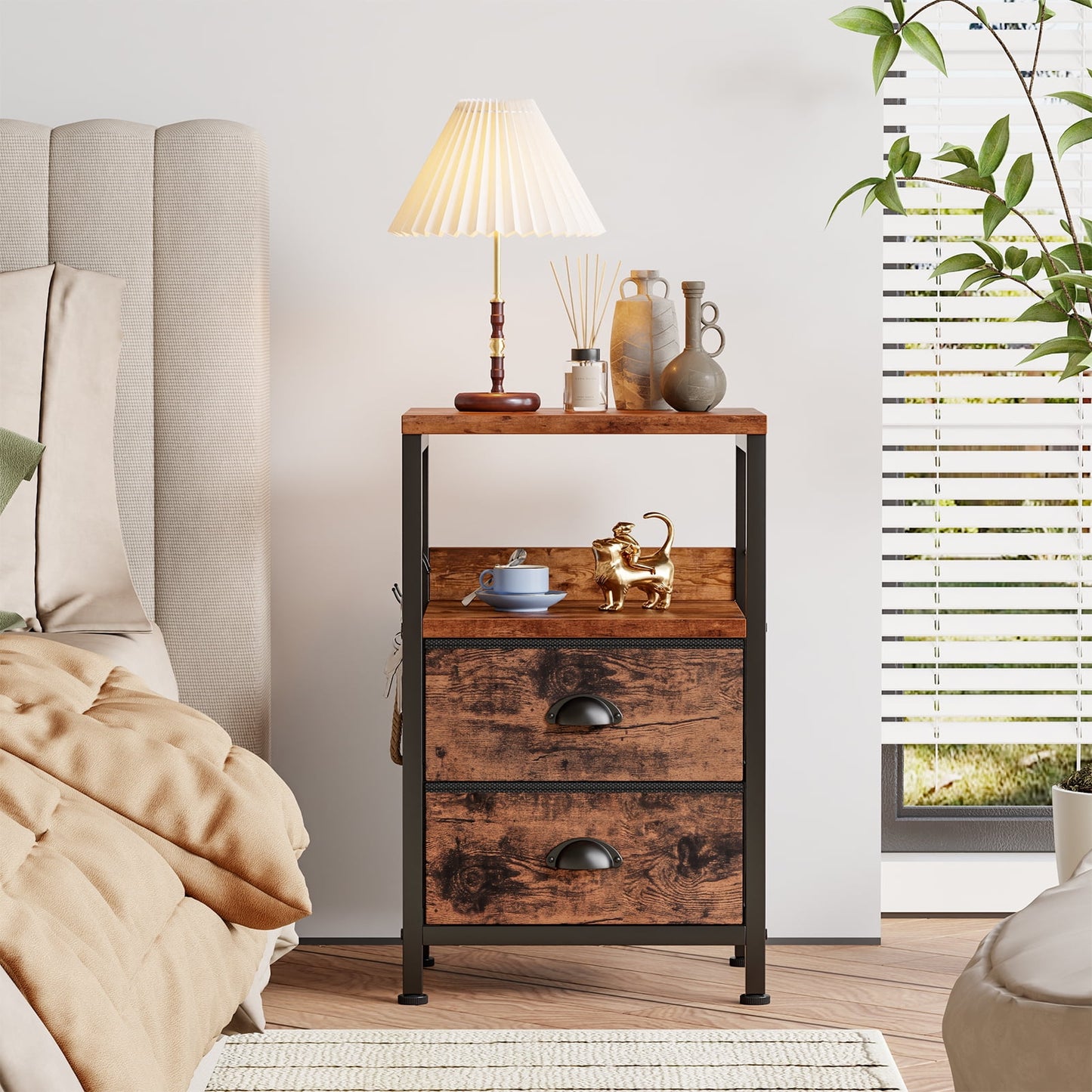 Satifur Nightstand with 2 Fabric Drawers & Shelf, Bedside End Table for Bedroom, Rustic Brown