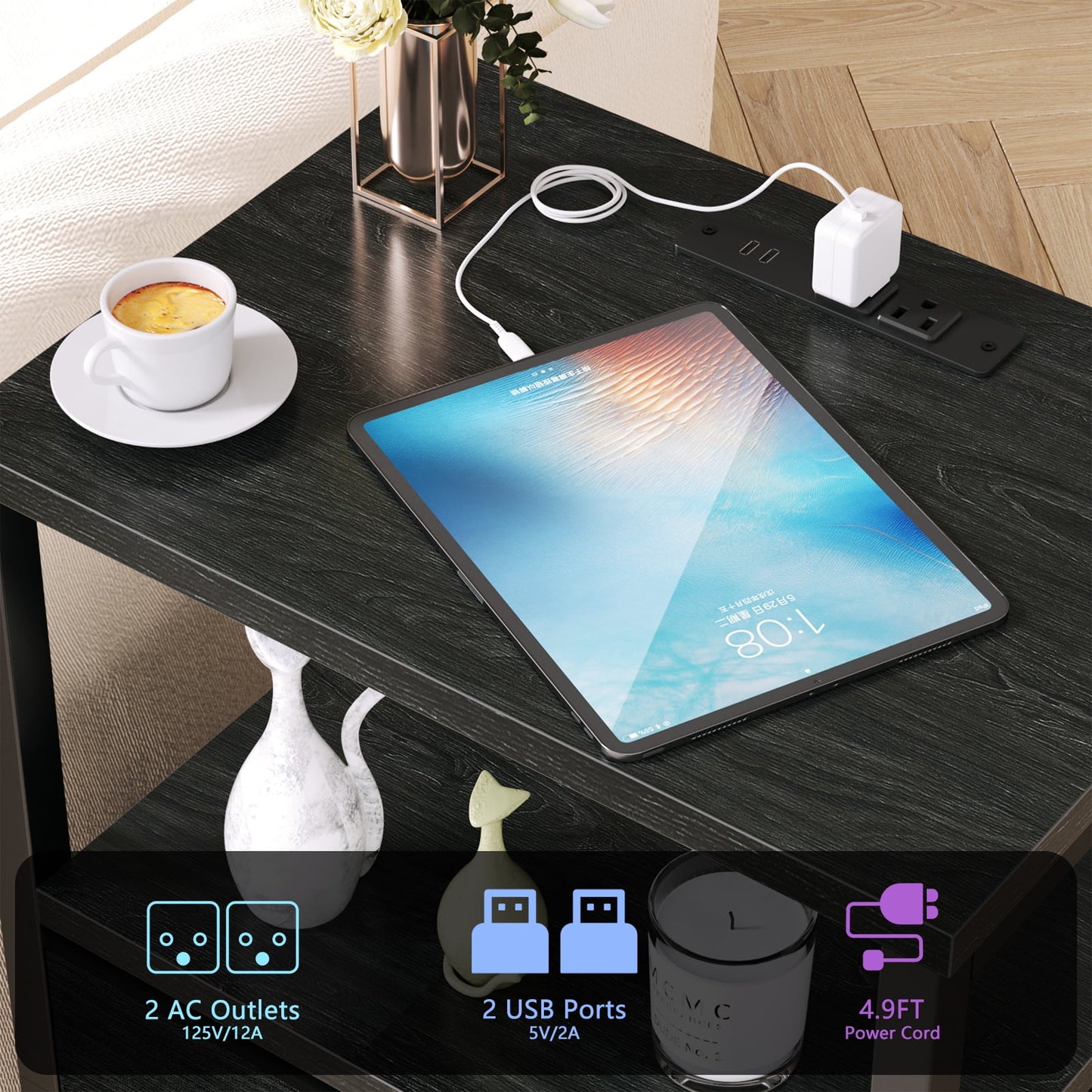 Satifur Nightstand with Charging Station Bedside Table with Fabric Storage Drawers, Black Oak