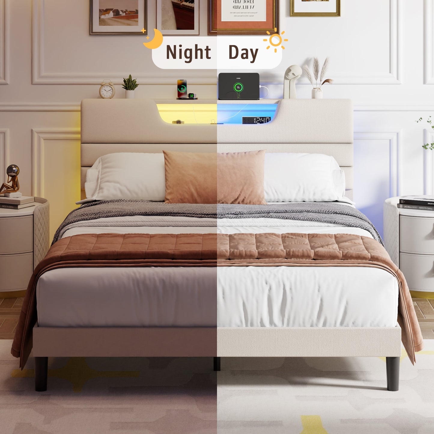 Satifur Beige Fine Linen Fabric Bed Frame with Upholstered Headboard & Charge Station, Queen Size Bed Frame with LED Lights, No Box Spring Needed