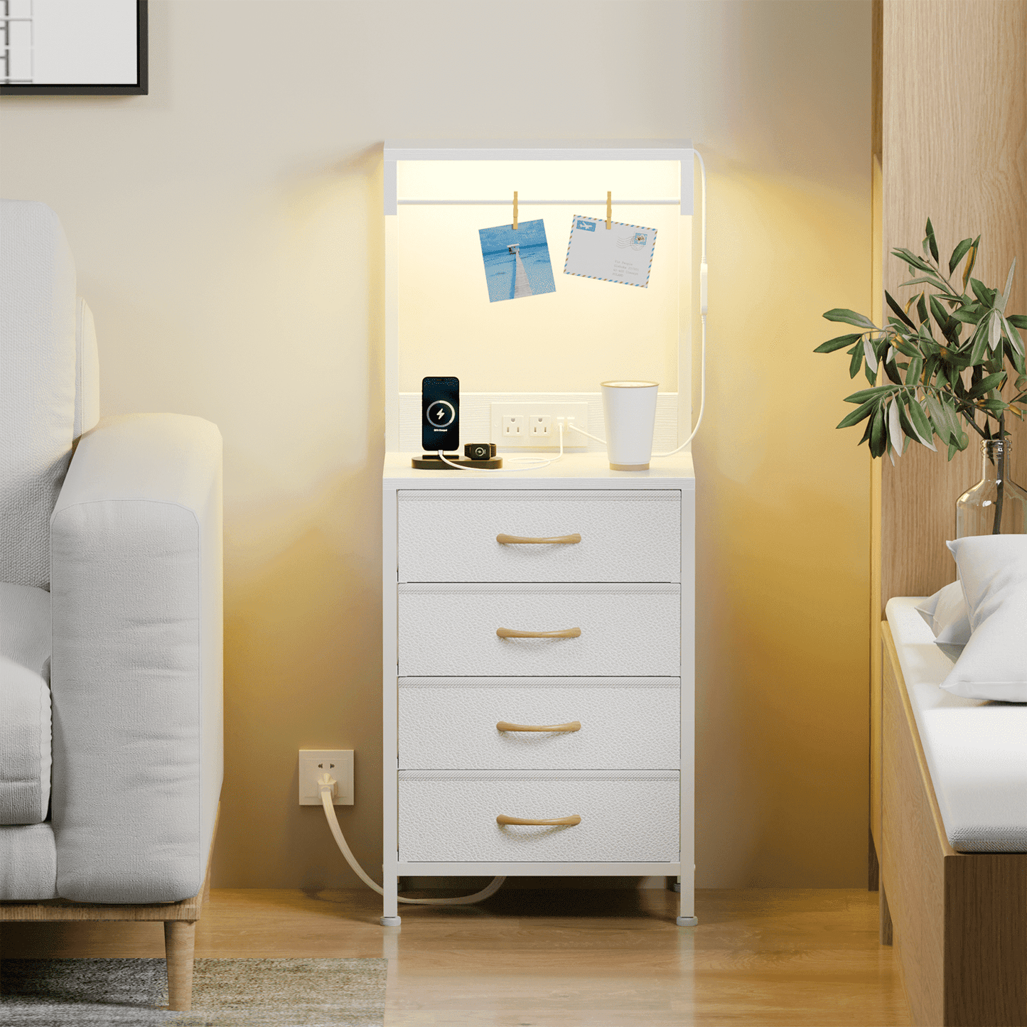 Satifur Tall Nightstand with Charging Station and Drawers, Bedside Table with 4 Fabric Drawers, LED Lights, and 2 Storage Shelves, White