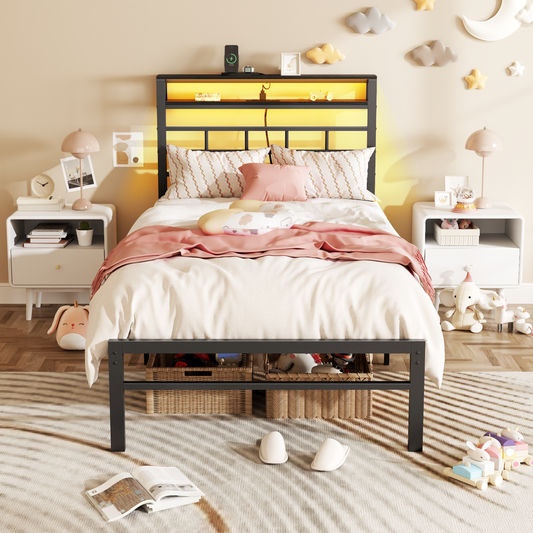 Satifur Twin Size Bed Frame with LED Storage Headboard Shelf, 43.14" High Metal Platform Bed, Black oack