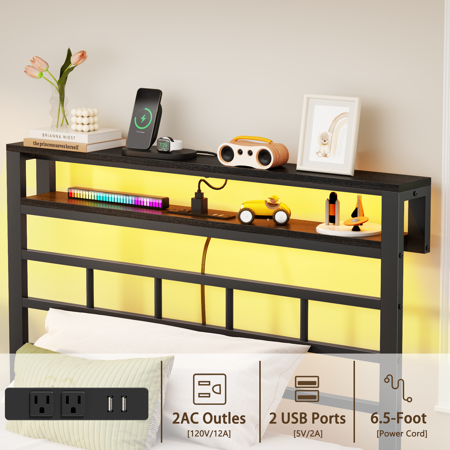 Satifur Twin Size Bed Frame with LED Storage Headboard Shelf, 43.14" High Metal Platform Bed, Black oack