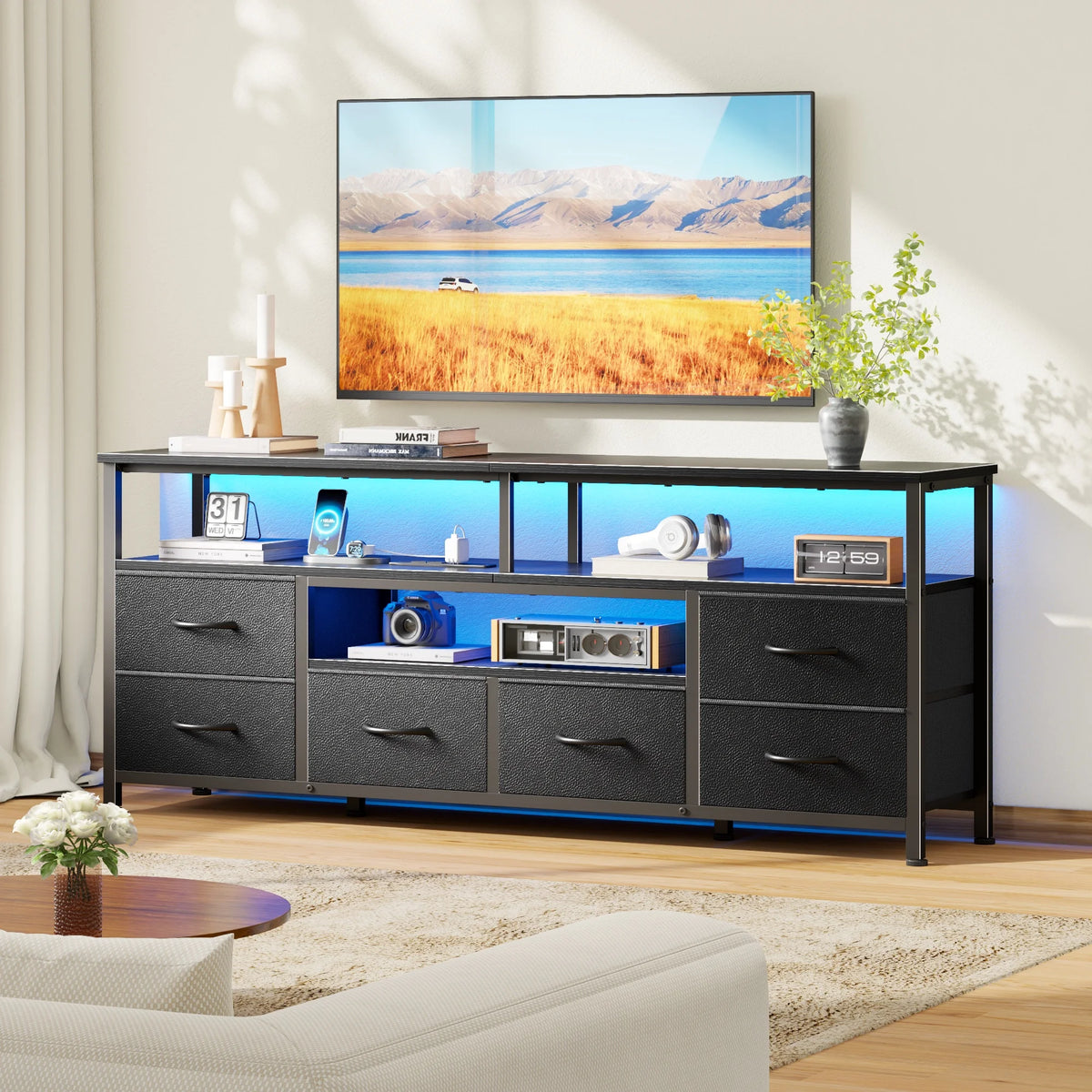 Tydimor 55 Inch TV Stand with LED Lights & Charging Power Station, 6 Fabric Drawer Dresser, Multifunctional Media Console, Sideboard Storage Cabinet, Entryway Hallway Table Fits 32-70 Inch TV, Black