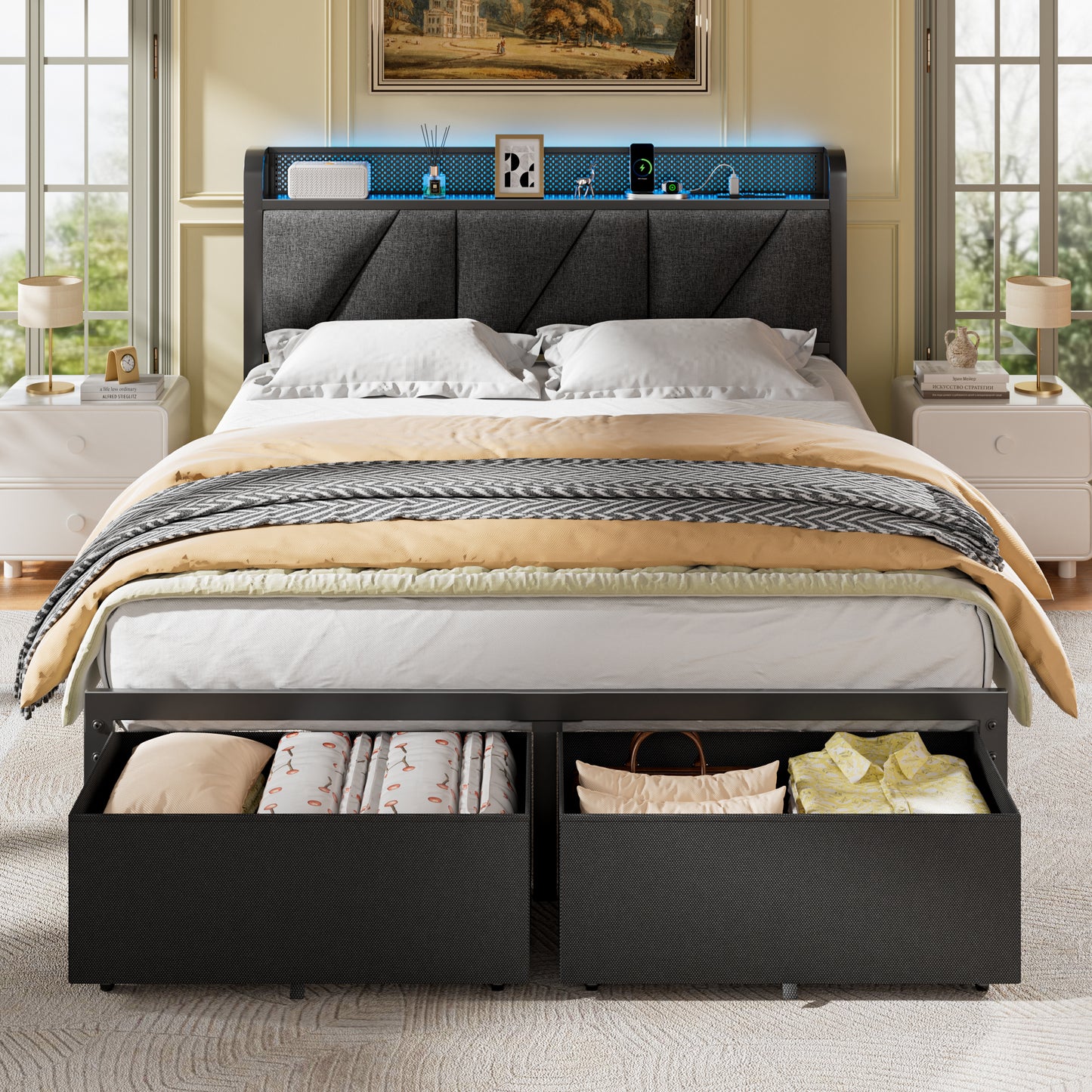 Satifur Queen Bed Frame with 2 Storage Drawers and Upholstered Storage Headboard, Metal Platform Bed with Charging Station & LED, Noise-Free, No Box Spring Needed, Dark Grey & Black