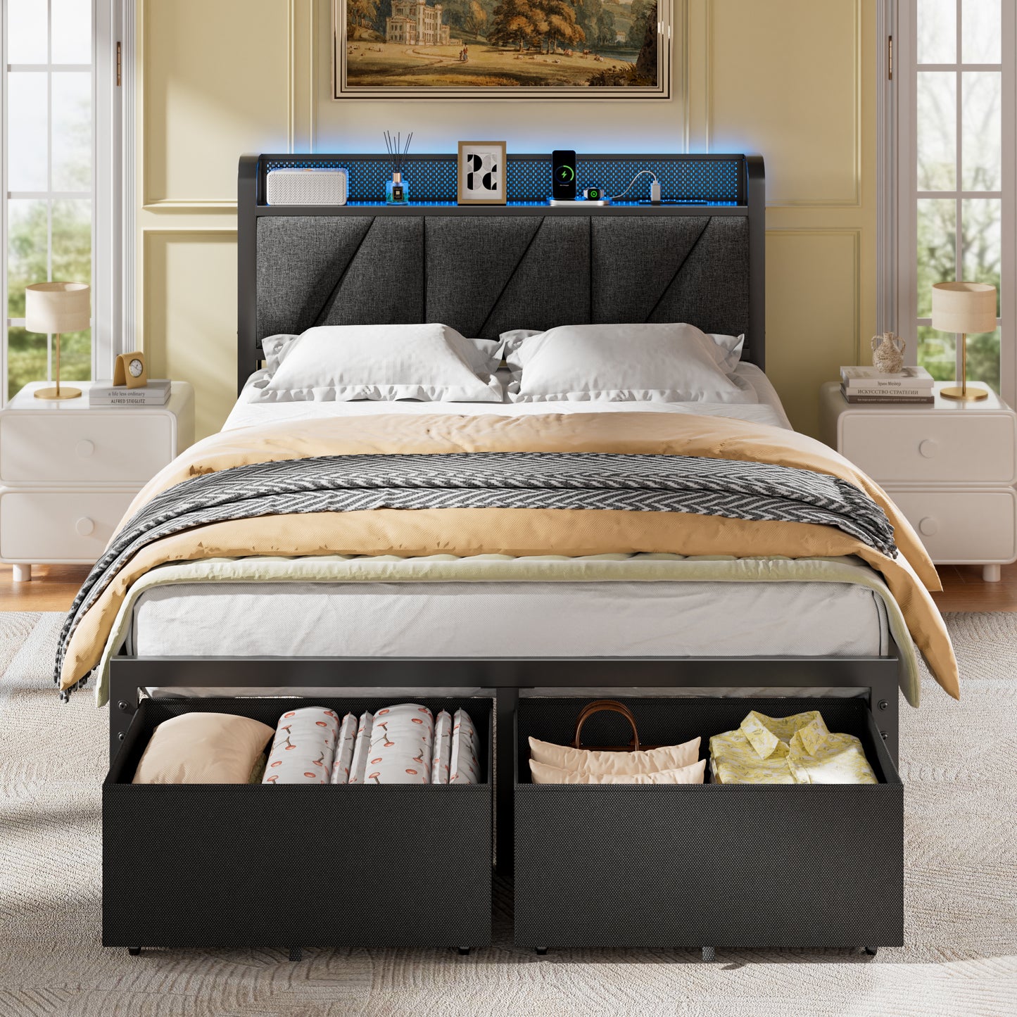 Satifur Full Bed Frame with 2 Storage Drawers and Upholstered Storage Headboard, Metal Platform Bed with Charging Station & LED, Noise-Free, No Box Spring Needed, Dark Grey & Black