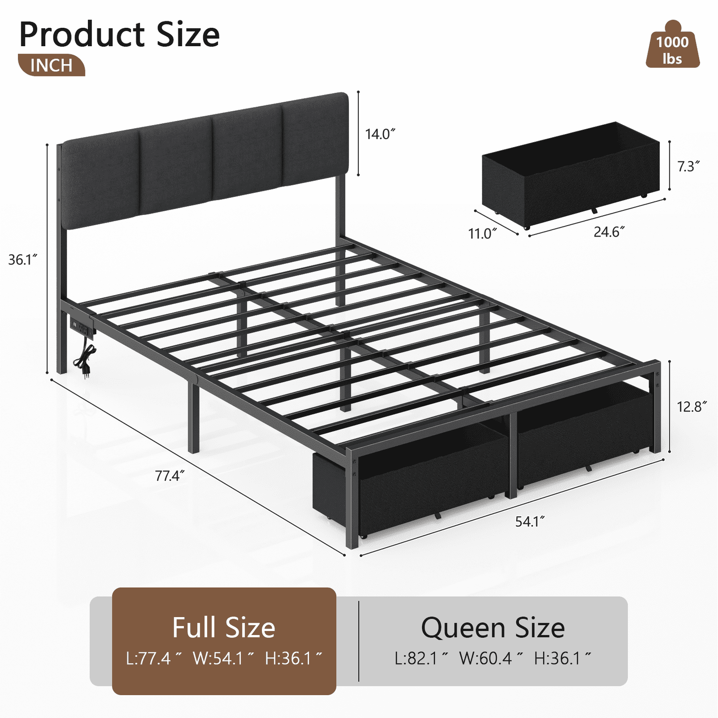 Tydimor Full Bed Frame with 2 Drawers & 2 USB Ports and Outlets, No Box Spring Needed