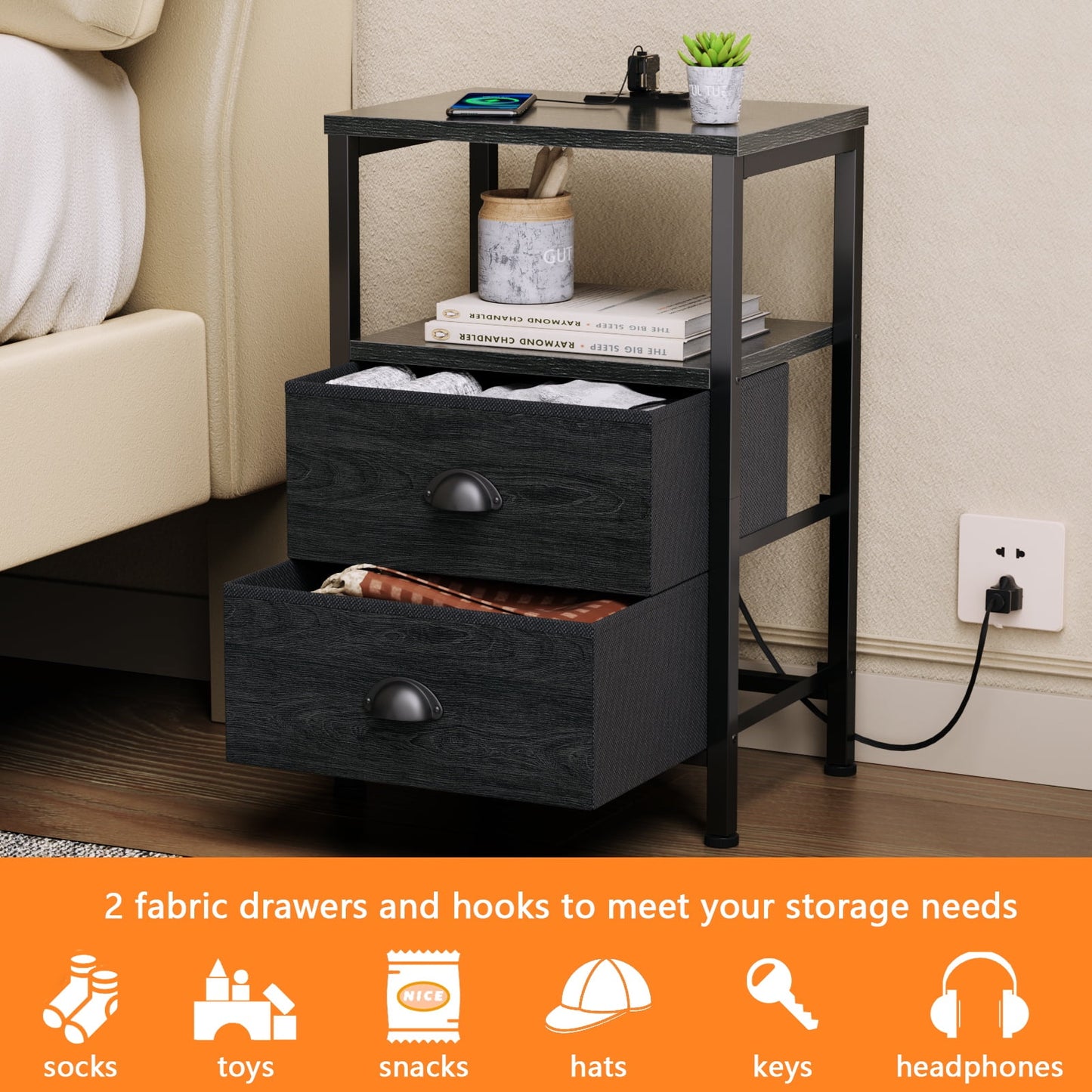 Satifur Bedside Table with Charging Station,Set of 2 LED Nightstand with 2 Fabric Drawers,Black Oak
