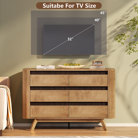 Satifur 6 Drawer Dresser, Wooden Wide Chest of Drawers for Bedroom, Living Room Storage Cabinet and TV Stand up to 45 Inch, Natural Oak