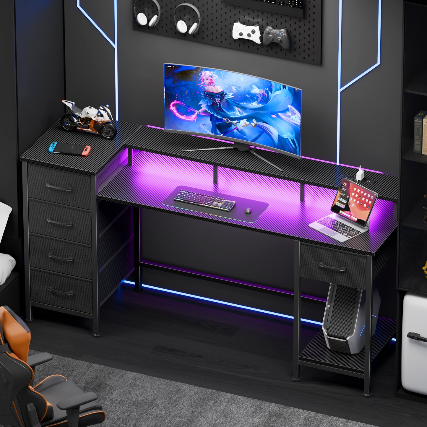 Satifur Gaming Desk with LED Lights & Power Outlets, 55" Computer Desk with 5 Fabric Drawers & Open Storage, Reversible Home Office Desk,Carbon Fiber Black