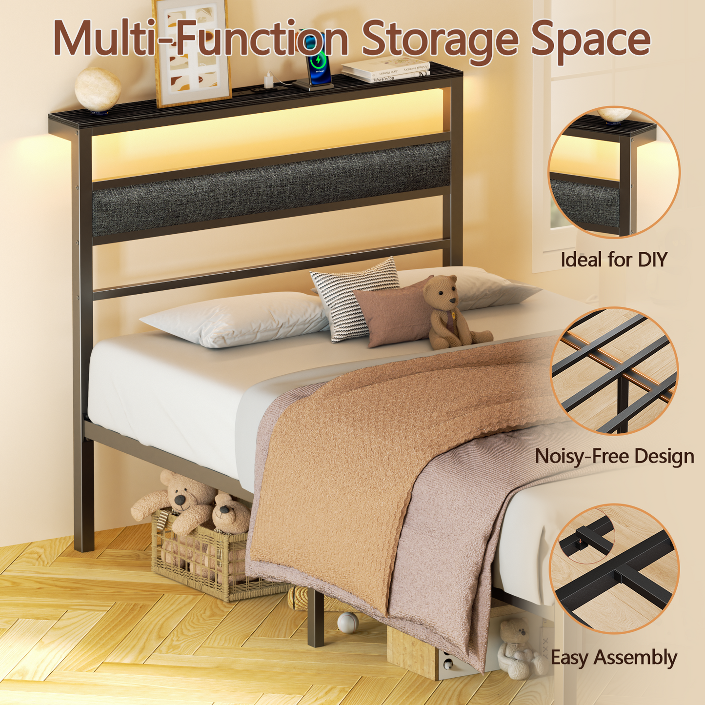 Satifur Twin Size Bed Frame with Upholstered Headboard & Shelf, LED Lights & USB Charging Station, Metal Black