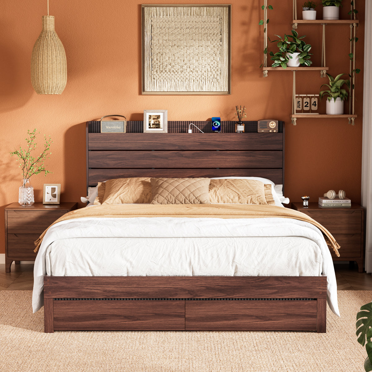 Satifur Queen Size Bed Frame with Storage Headboard & Charging Station, Wooden Platform Bed with 2 Large Storage Drawers, Heavy Duty Slats Support, No Box Spring Needed, American Walnut