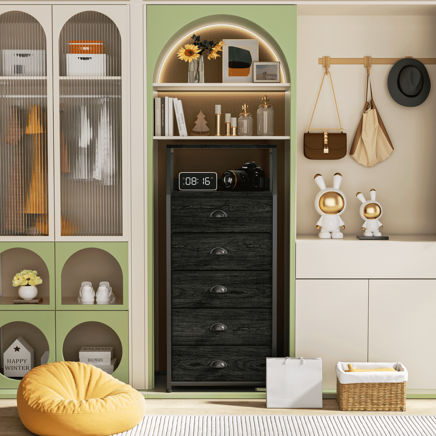 TYDIMOR Fabric Dresser for Bedroom, 5 Drawer Chest of Drawers, Black, Ideal for Adults