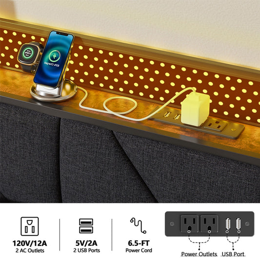 Satifur Full Bed Frame with Upholstered Storage Headboard, Metal Platform Bed Station with Charging Station & LED, Noise-Free. No Box Spring Needed
